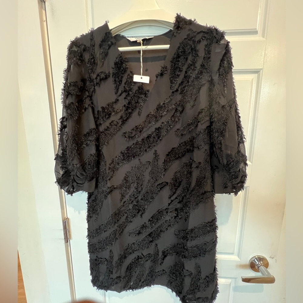 New Crosby Mollie Burch Textured mini Eyelash Fringing Dress Black XS